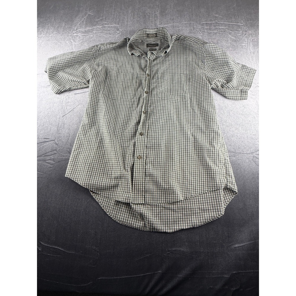 Van Heusen Mens Green Plaid Short Sleeve Button Down Shirt Wrinkle Free Medium